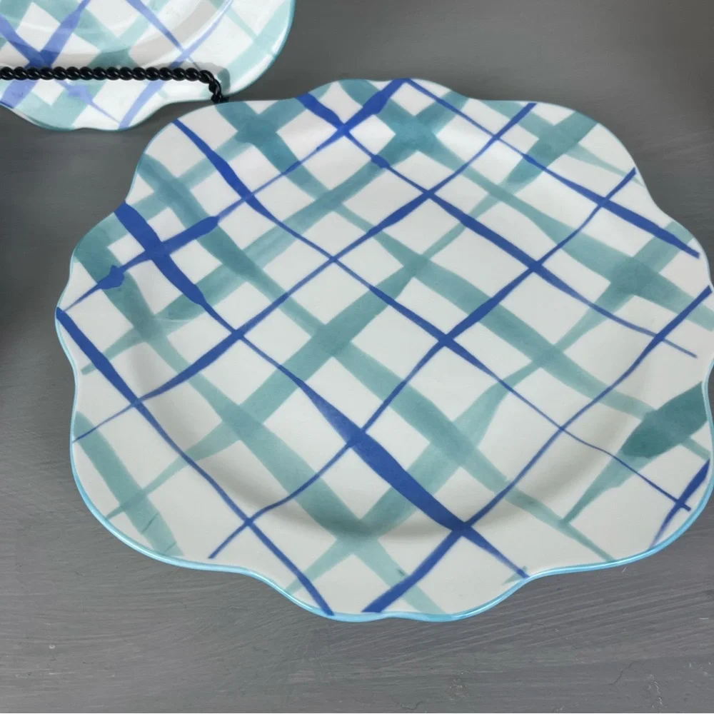 3 Bonjour ANTHROPOLOGIE HILDE Plaid White Blue Scallop Dinner Plate Cottagecore